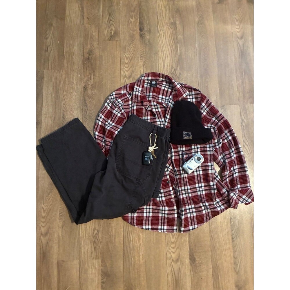 GNB Plaid Flannel Shirt Mens XL Red Black White Epaulet Button Up Long Sleeve